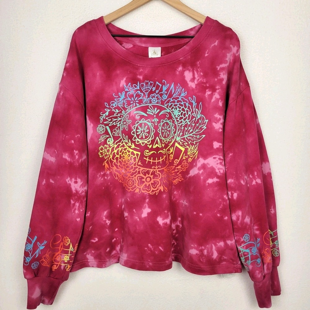 Disney Pixar Pink Tie Dye Pullover‎ Sweatshirt 1X Cozy Relaxed Fit Coco Skull